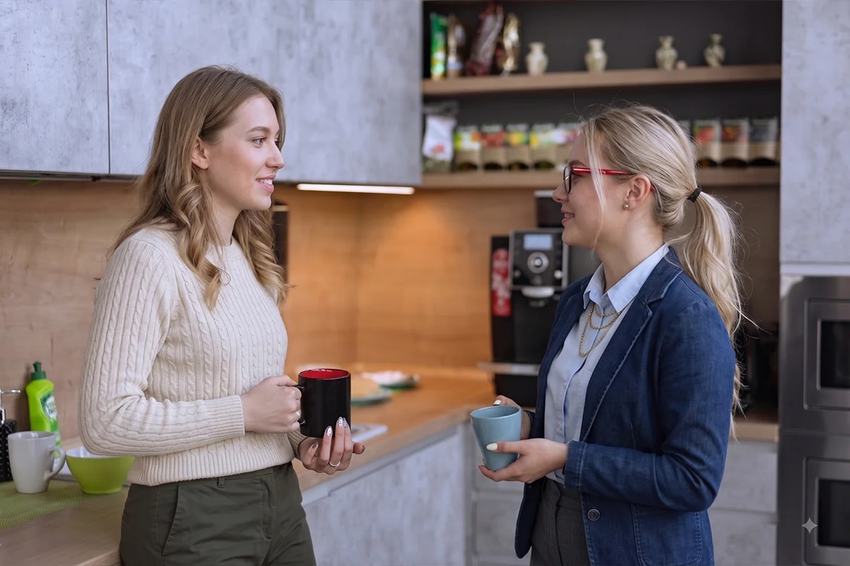 Twee collega's tijdens een koffiepauze op kantoor